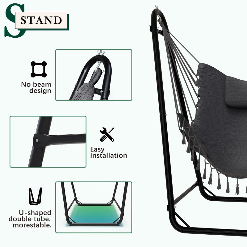 TOREVSIOR Unique U-Shaped Hammock Chair with Stand,Sturdy & Rust-Resistant,Free Gray Cotton Hammock Chair - Image 4