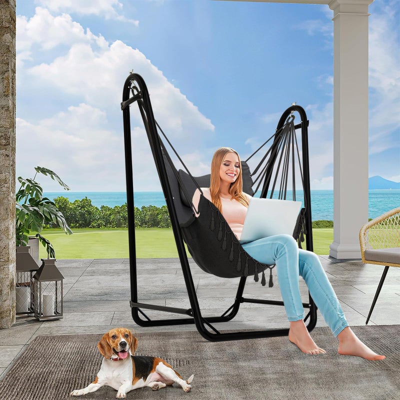 TOREVSIOR Unique U-Shaped Hammock Chair with Stand,Sturdy & Rust-Resistant,Free Gray Cotton Hammock Chair - Image 2