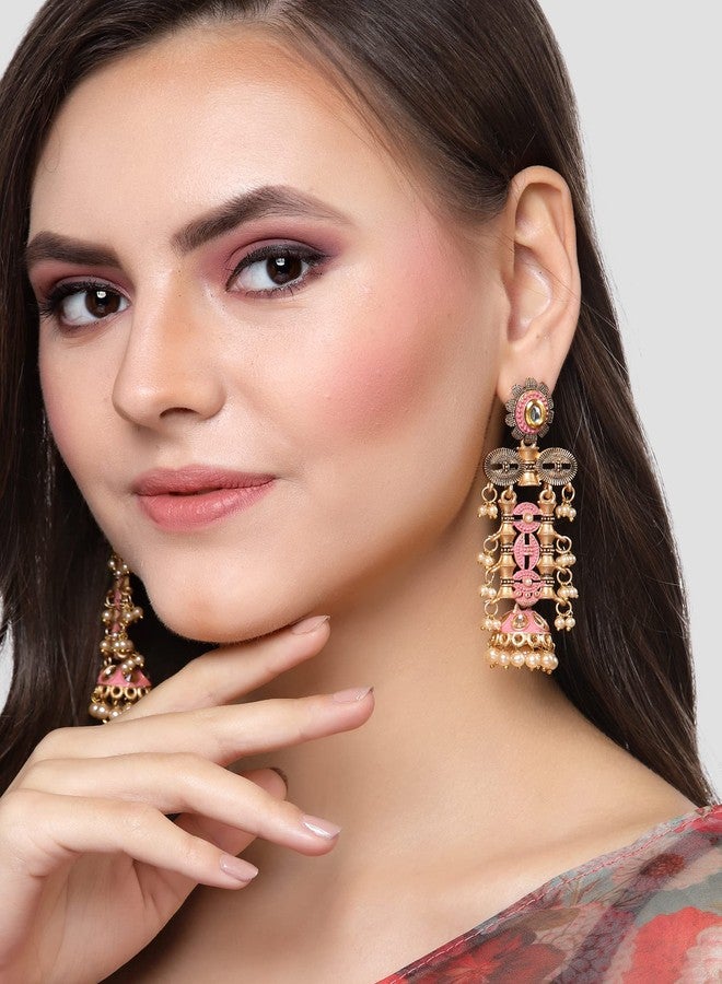 Karatcart Antique Gold Plated Pink Kundan Drop Earrings for Women - Image 2