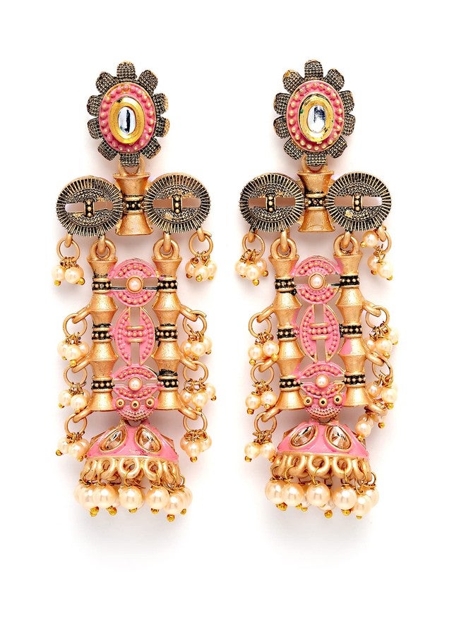 Karatcart Antique Gold Plated Pink Kundan Drop Earrings for Women - Image 5