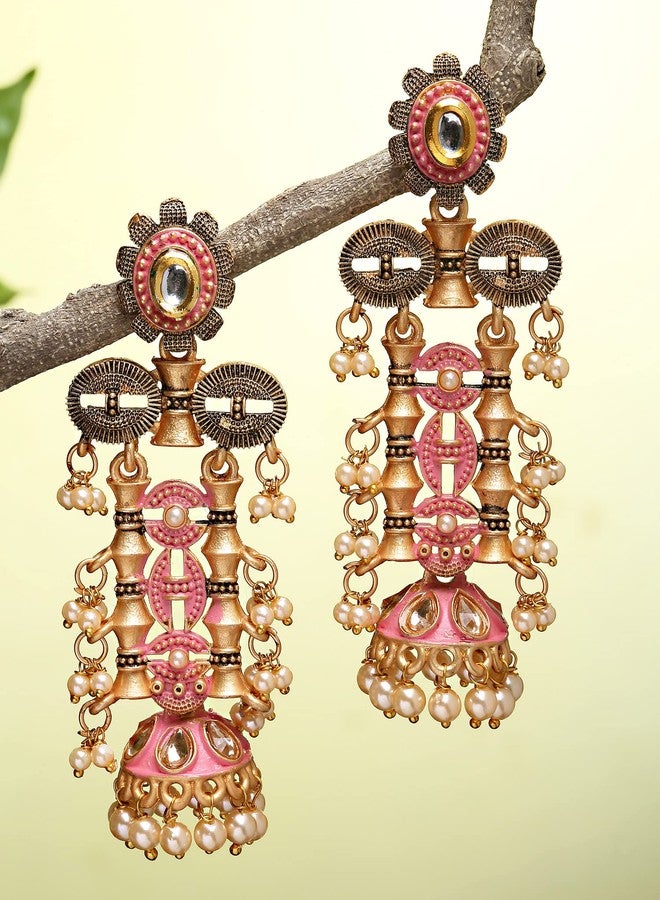 Karatcart Antique Gold Plated Pink Kundan Drop Earrings for Women - Image 4