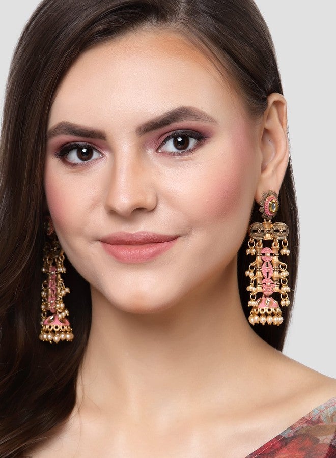 Karatcart Antique Gold Plated Pink Kundan Drop Earrings for Women - Image 3