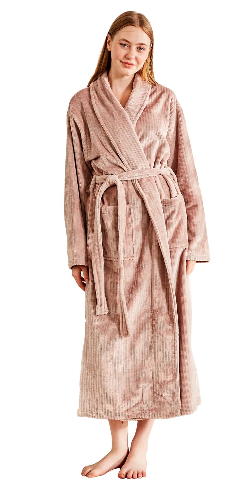 Serenhom Womenâ€™s Plush Soft Fleece Robe â€“ Fluffy Warm Jacquard Bathrobe, Cozy Loungewear for Spa, Sleep, and Relaxation, Taupe, Large - Image 1