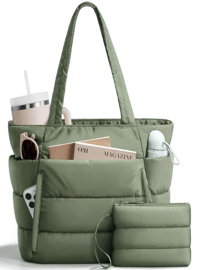 Bagstellar Puffer Tote Bag for Women, Lightweight Puffy Work Laptop Handbag Teacher Nurse Quilted Shoulder Bag for School Travel Gym, Grey Green - Image 1