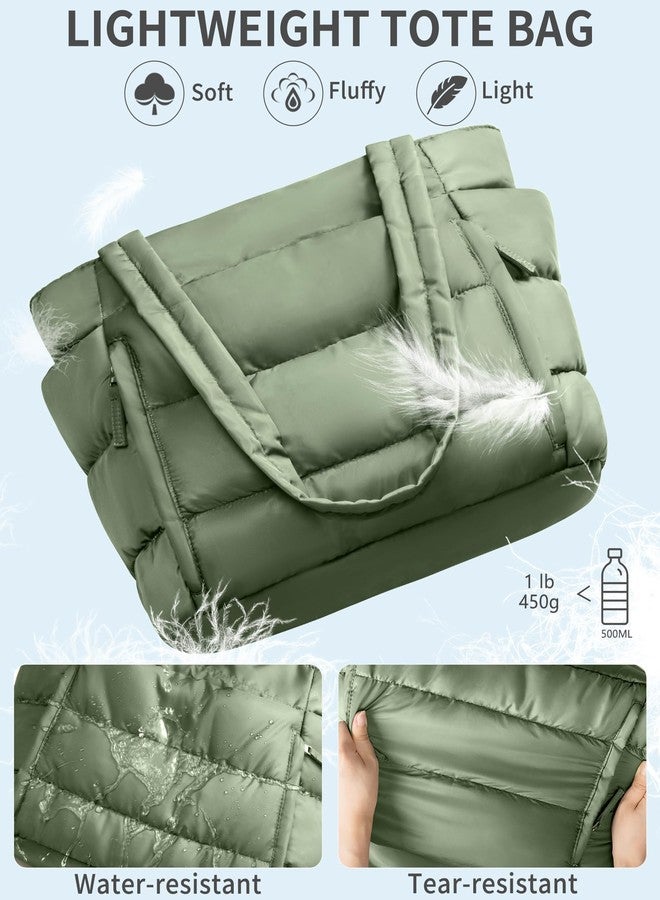 Bagstellar Puffer Tote Bag for Women, Lightweight Puffy Work Laptop Handbag Teacher Nurse Quilted Shoulder Bag for School Travel Gym, Grey Green - Image 5
