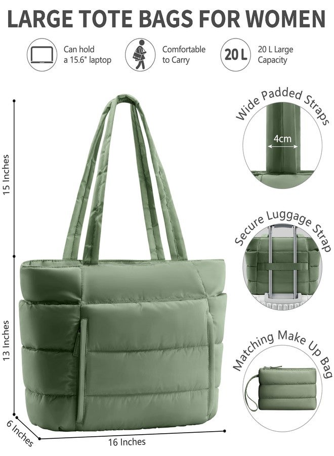 Bagstellar Puffer Tote Bag for Women, Lightweight Puffy Work Laptop Handbag Teacher Nurse Quilted Shoulder Bag for School Travel Gym, Grey Green - Image 2