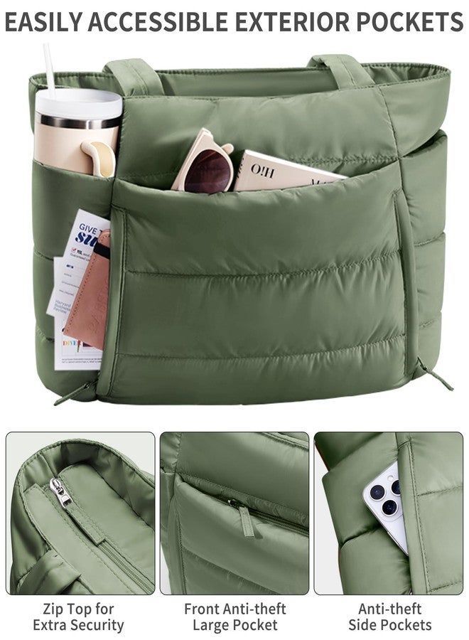 Bagstellar Puffer Tote Bag for Women, Lightweight Puffy Work Laptop Handbag Teacher Nurse Quilted Shoulder Bag for School Travel Gym, Grey Green - Image 4
