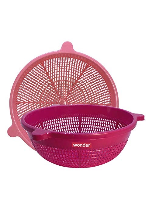 Wonder Wonder Homeware Kalpna Basket/Washing Bowl for Fruits, Vegetables, Pasta, Poha,Fruit Basket, Pasta Strainer, with Handle,Vegetable Strainer, Kitchen Sieve, Washing Bowl, 2 pc (Red Pink)  - Image 1