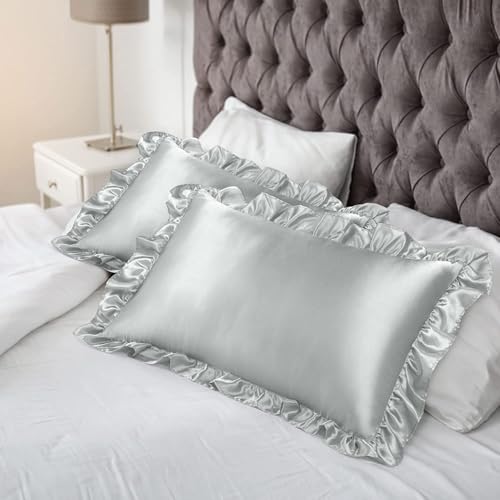 GO WELL Ruffle Satin Pillowcase for Hair and Skin, Standard Size Satin Pillow Covers Silky Pillow Cases Set of 2, Satin Ruffled Pillowcase with Envelope Closure, Anti Wrinkle Pillow Shams (Grey)1000TC - Image 4