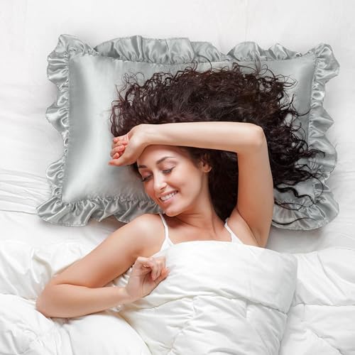 GO WELL Ruffle Satin Pillowcase for Hair and Skin, Standard Size Satin Pillow Covers Silky Pillow Cases Set of 2, Satin Ruffled Pillowcase with Envelope Closure, Anti Wrinkle Pillow Shams (Grey)1000TC - Image 5
