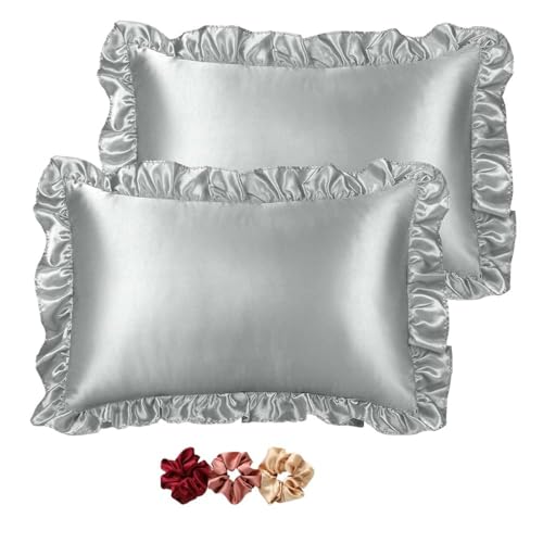 GO WELL Ruffle Satin Pillowcase for Hair and Skin, Standard Size Satin Pillow Covers Silky Pillow Cases Set of 2, Satin Ruffled Pillowcase with Envelope Closure, Anti Wrinkle Pillow Shams (Grey)1000TC - Image 1