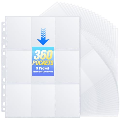 Zofly 360 Pockets Binder Card Sleeves Double-Sided 9 Pocket Trading Card Pages for 3 Ring Binder, Clear Plastic Pages Sleeves for Sport Cards, Business Cards, Game Cards, Photos (20 Pack) - Image 1
