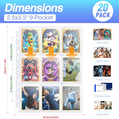 Zofly 360 Pockets Binder Card Sleeves Double-Sided 9 Pocket Trading Card Pages for 3 Ring Binder, Clear Plastic Pages Sleeves for Sport Cards, Business Cards, Game Cards, Photos (20 Pack) - Image 2