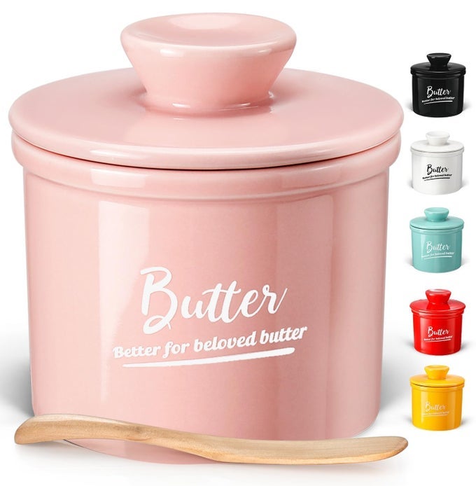 BUTTER KEEPER CROCK WITH WATERCERAMIC BUTTER CROCK FOR COUNTER KEEPS BUTTER SOFT FRESH FOR 25 WEEKS BUTTER CROCK WITH LID FOR COUNTERTOP WITH SEAL RING AND KNIFEPINK