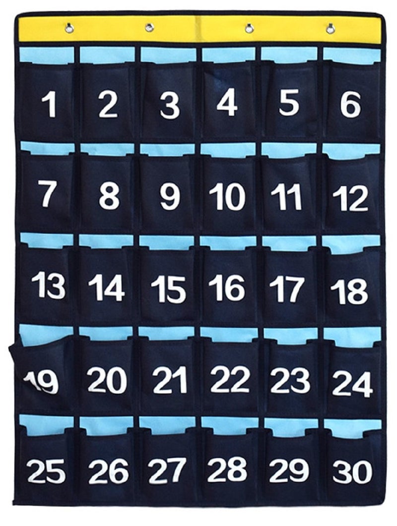 ANIZER Numbered Pocket Chart Over Door Hanging Classroom Organizer for Cell Phones Calculators Holders Blue (30 POCKETS)