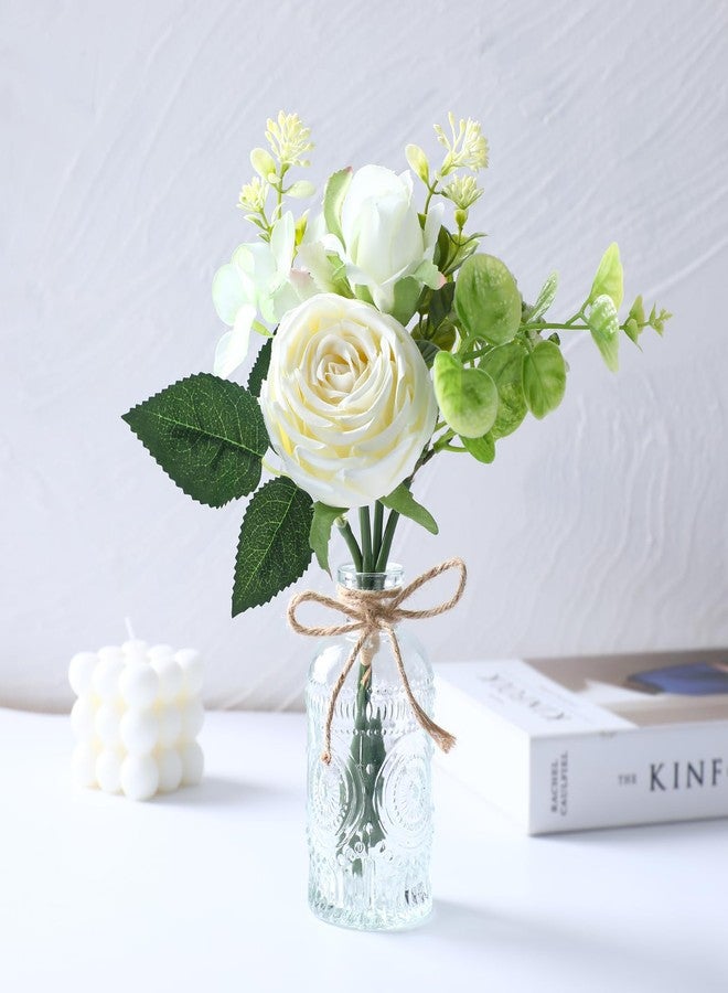 AFRITEE Centerpiece Table Artificial Flowers - Faux White Rose Flower Bouquet with Transparent Vase, Home Indoor Dining Room Wedding Centerpieces Coffee Table Decor - Image 4
