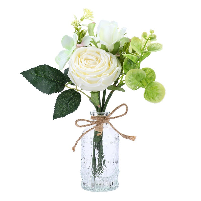AFRITEE Centerpiece Table Artificial Flowers - Faux White Rose Flower Bouquet with Transparent Vase, Home Indoor Dining Room Wedding Centerpieces Coffee Table Decor - Image 1