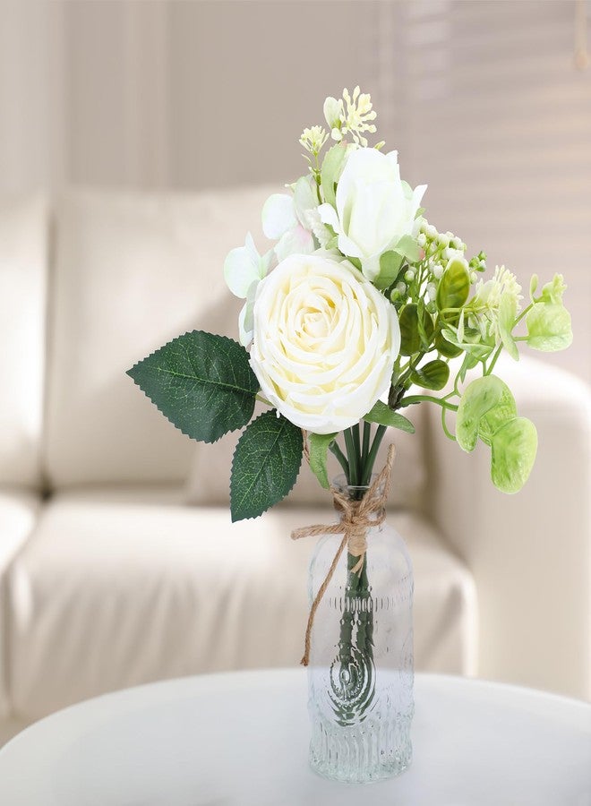 AFRITEE Centerpiece Table Artificial Flowers - Faux White Rose Flower Bouquet with Transparent Vase, Home Indoor Dining Room Wedding Centerpieces Coffee Table Decor - Image 3