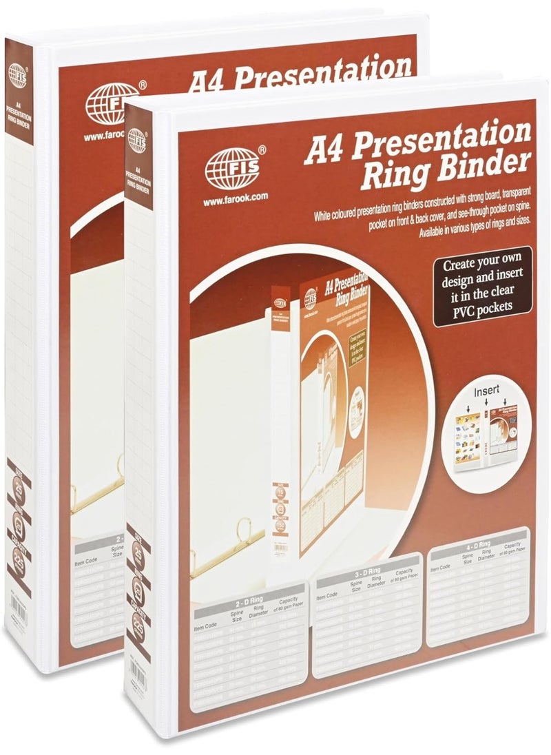 FIS Presentation Binder, A4 Size(210x297mm), 2[D]Ring Type, 25mm Ring Size, 1.50" Inches Spine with Clear PVC Pocket For Easy Insert Your Label Design, Packet of 2 Pieces, White Color-FSBD225DPB/2  - Image 1