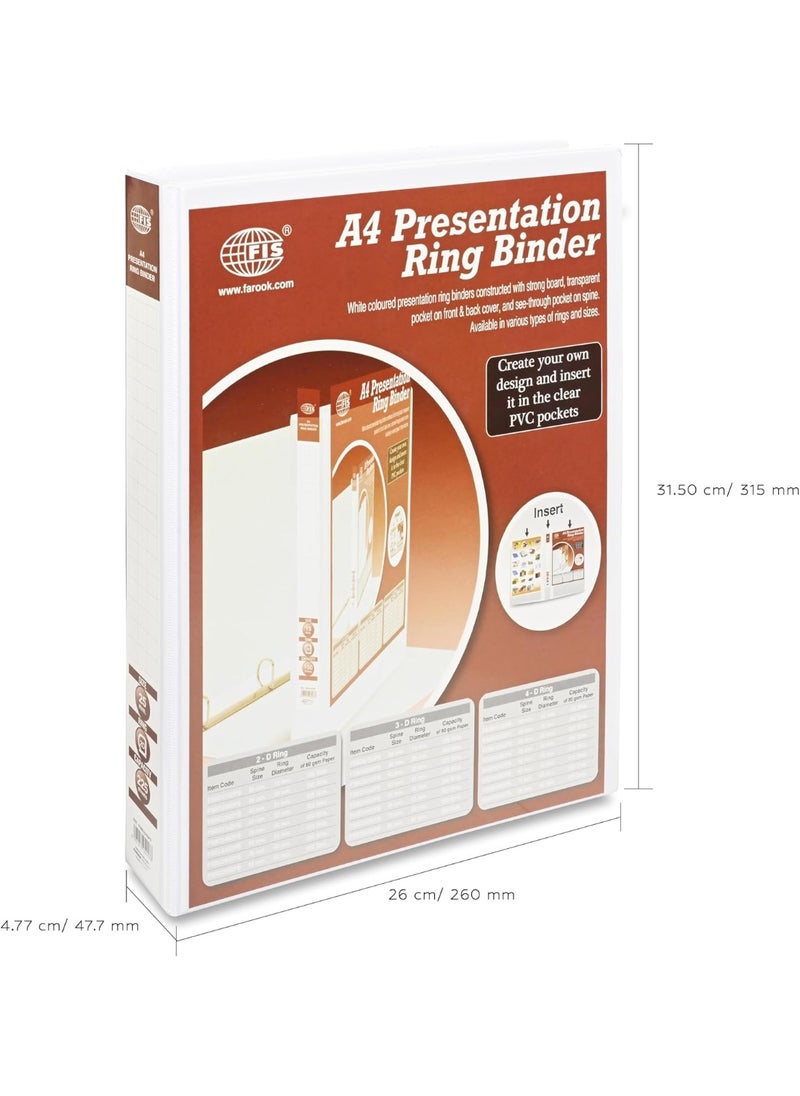 FIS Presentation Binder, A4 Size(210x297mm), 2[D]Ring Type, 25mm Ring Size, 1.50" Inches Spine with Clear PVC Pocket For Easy Insert Your Label Design, Packet of 2 Pieces, White Color-FSBD225DPB/2  - Image 2