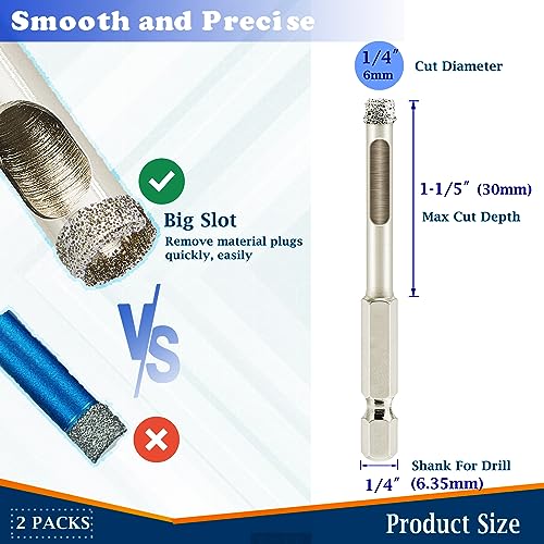 DaduoRi 1/4 inch Diamond Hole Saw, Wet Use, 1/4" Diamond Drill Bit for Porcelain Tile Glass Granite Ceramic Marble Stone, 6mm Tile Bits x 2 Pack (1/4" Hex Shank) - Image 2