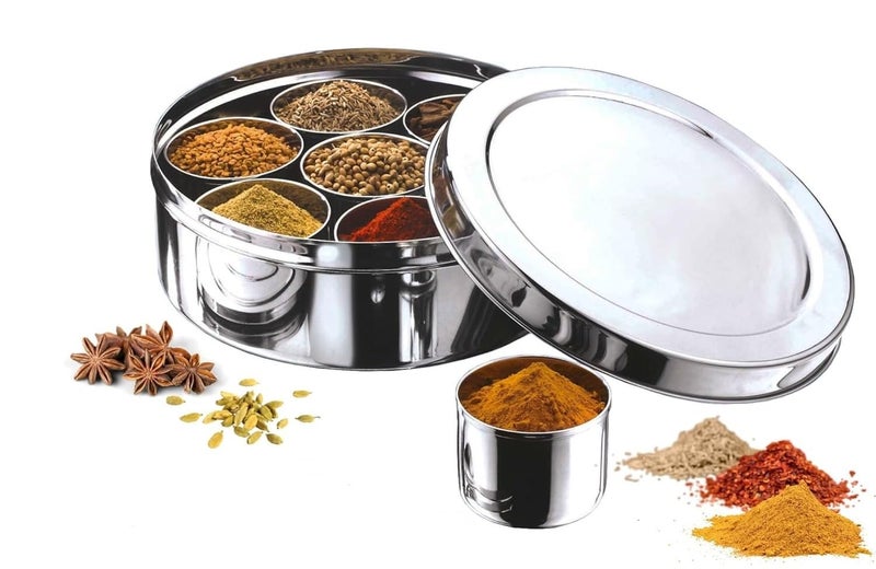 VISAXMI Stainless Steel Masala Box for kitchen Masala Dabba Steel Spice Box for kitchen Masala Dani with 7 Containers 1 Spoon Spice Container for Kitchen RustProof Silver 185 Dia - Image 1