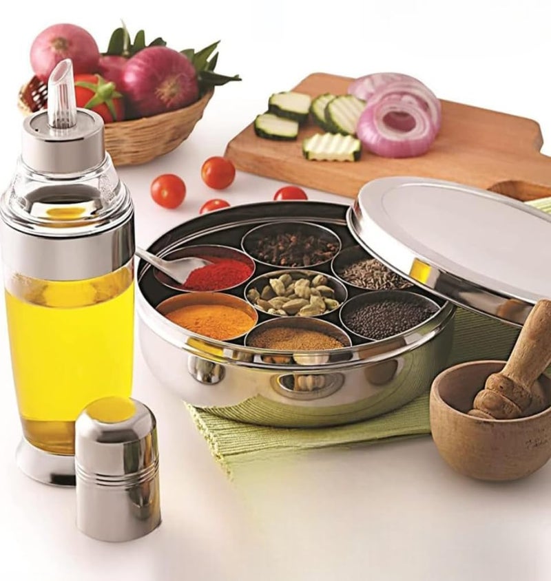 VISAXMI Stainless Steel Masala Box for kitchen Masala Dabba Steel Spice Box for kitchen Masala Dani with 7 Containers 1 Spoon Spice Container for Kitchen RustProof Silver 185 Dia - Image 3
