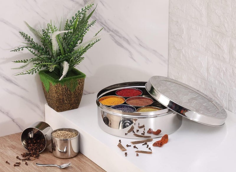 VISAXMI Stainless Steel Masala Box for kitchen Masala Dabba Steel Spice Box for kitchen Masala Dani with 7 Containers 1 Spoon Spice Container for Kitchen RustProof Silver 185 Dia - Image 5