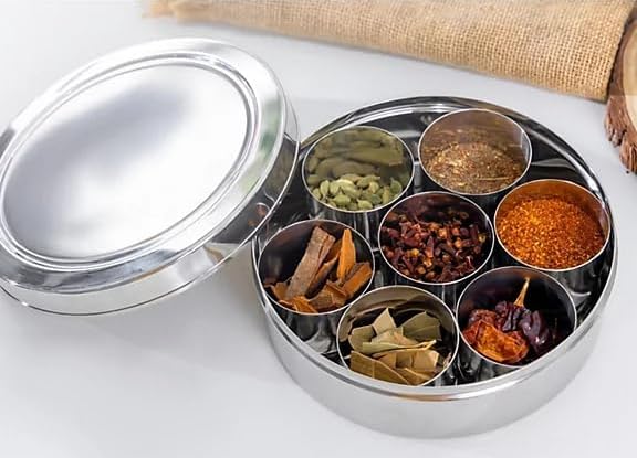 VISAXMI Stainless Steel Masala Box for kitchen Masala Dabba Steel Spice Box for kitchen Masala Dani with 7 Containers 1 Spoon Spice Container for Kitchen RustProof Silver 185 Dia - Image 4