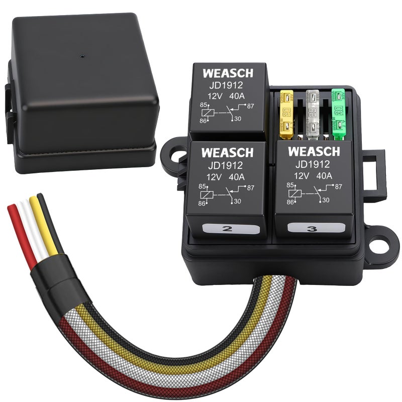 Weasch 12V 3 Way Pre-Wired Fuse Relay Box, 3 Relays and 3 ATC/ATO Blade Fuses, 4-Pin 40A Relay Block and Kit, for Cars Truck Jeep - Image 1