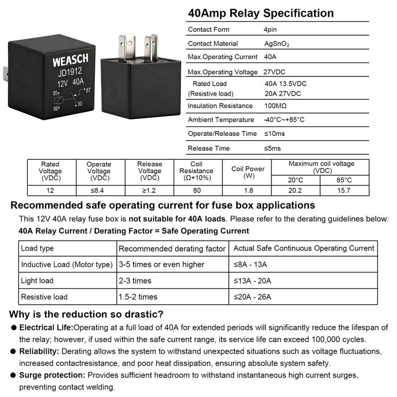Weasch 12V 3 Way Pre-Wired Fuse Relay Box, 3 Relays and 3 ATC/ATO Blade Fuses, 4-Pin 40A Relay Block and Kit, for Cars Truck Jeep - Image 4