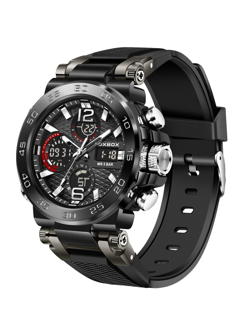 FOXBOX Fashion Stylish Waterproof Wrist Watches for Men Sports Quartz Watch Silver & Black  - Image 2