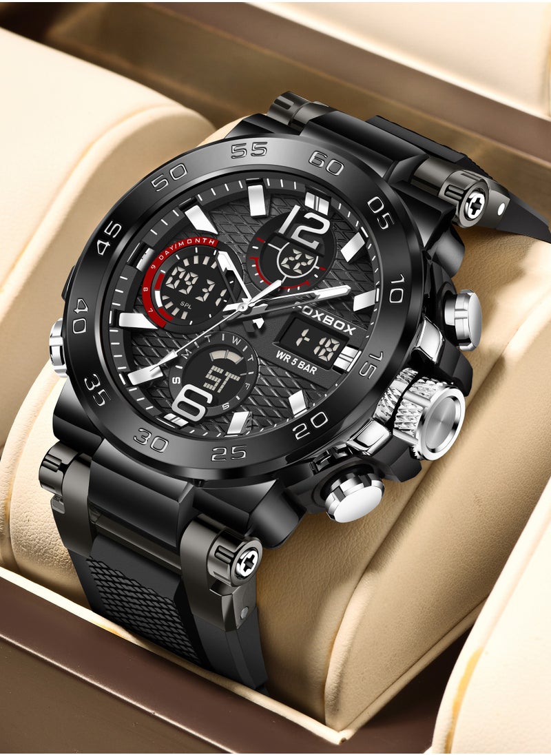 FOXBOX Fashion Stylish Waterproof Wrist Watches for Men Sports Quartz Watch Silver & Black  - Image 4