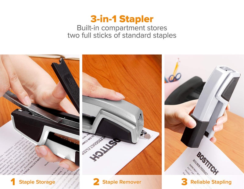 Bostitch Office Epic All Metal 3 in 1 Stapler, 25 Sheet Capacity, with Integrated Remover & Staple Storage, Silver (B777R-SLV) - Image 4