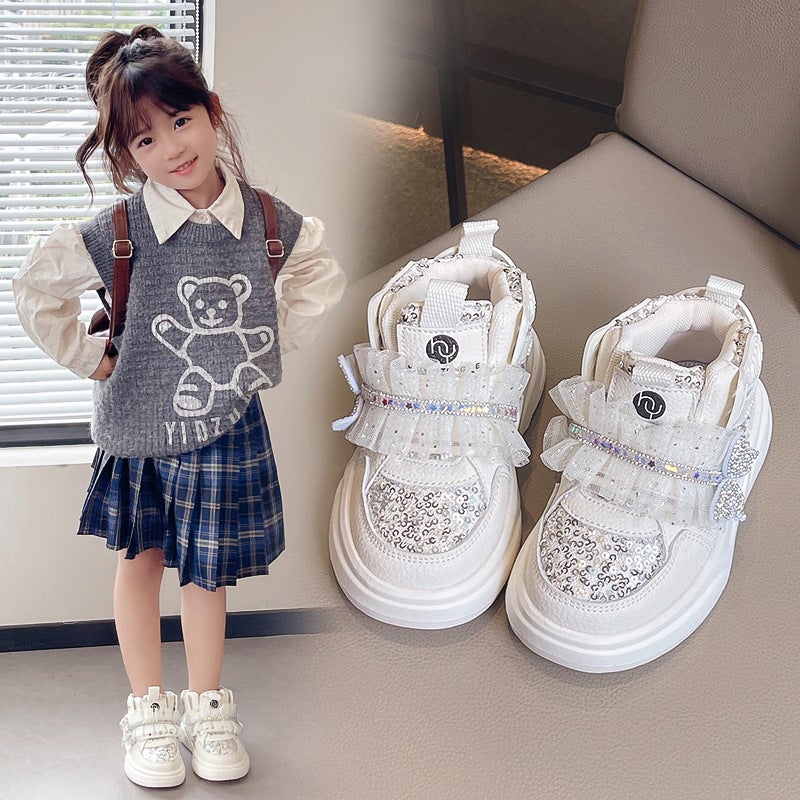 Sequined Bow Lace Lace 2025 Single-Layer Shoes Girl All-Match Sneaker Casual Korean Style Sweet Children'S Shoes - Image 3