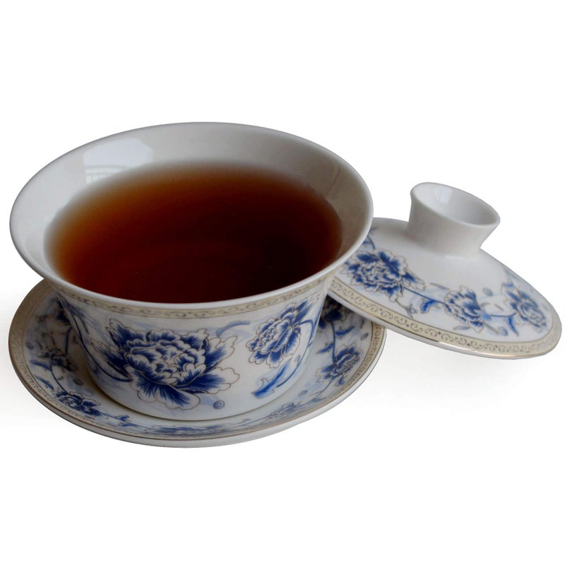 vv8oo vv8oo Gaiwan Blue White Peony GongFu Tea Ceramic Tureen Sancai Cover Bowl Lip Saucer Set for Coffee Tea Espresso  - Image 1