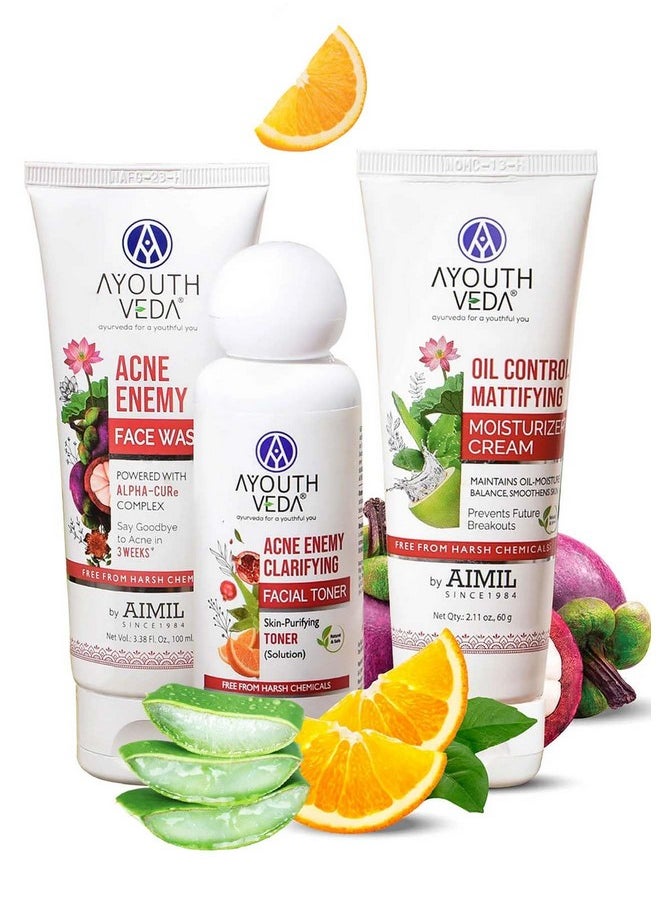 AYOUTHVEDA Anti-Acne Face Care Kit Maintain Oil Moisture, Skin Purifying | Acne Enemy Face Wash Gel 100Ml | Acne Enemy Clarifying Facial Toner 100Ml | Oil Control Mattifying Moisturizer Cream 60G  - Image 1