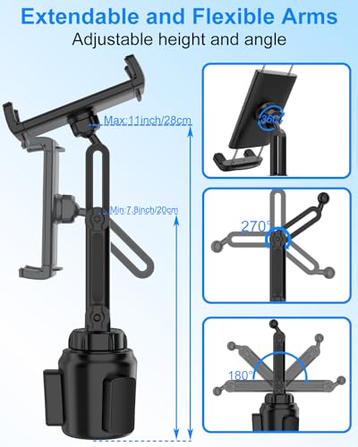 Kolasels Cup Holder Tablet Mount for Car, iPad Cup Holder Mount for Truck with Adjustable Arm, Car Cup Tablet Holder for iPad Pro 12.9, Air, Mini, iPhone, Galaxy Tab/Z Fold, 4.7-13" Tablets - Image 2