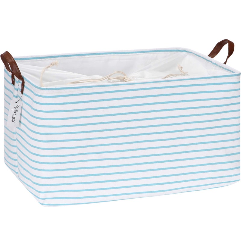 Hinwo 70L Extra Large Storage Bins Closet Organizers and Storage Foldable Clothes Storage Baskets with Handles Containers for Clothing Blanket Comforters Toys Bedding Aqua Stripe