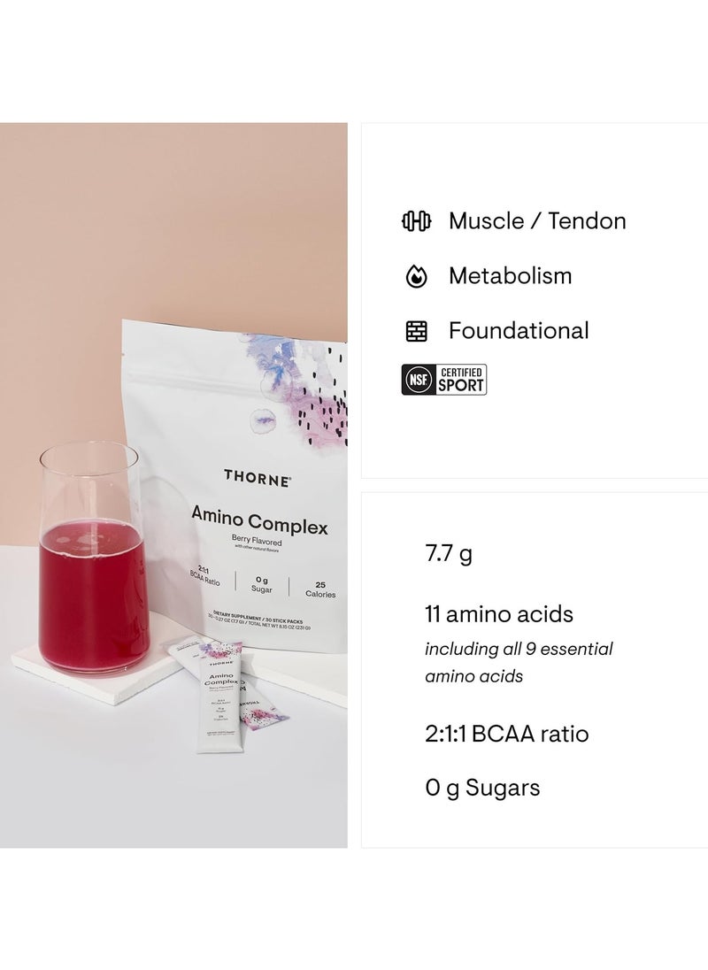 Thorne Amino Complex Berry Flavored With Other Natural Flavors 2:1:1 BCAA Ratio /0g Sugar / 25 Calories - Dietary Supplement / 30 Stick Packs 30 - 0.27 Oz (7.7 G) / Total Net WT 8.15 Oz (231G)  - Image 4