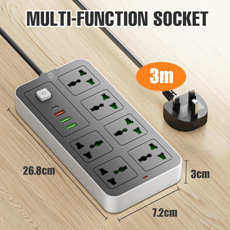 INFLUX 6-Outlet 3M Extension Cord with USB Ports and C-type, Surge Protector & Multi-Plug Adapter, Power Extension Cable, USB Hub with Smart and Socket - Perfect for Gaming with 13A Fused Plug - Image 5