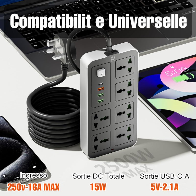 INFLUX 6-Outlet 3M Extension Cord with USB Ports and C-type, Surge Protector & Multi-Plug Adapter, Power Extension Cable, USB Hub with Smart and Socket - Perfect for Gaming with 13A Fused Plug - Image 4
