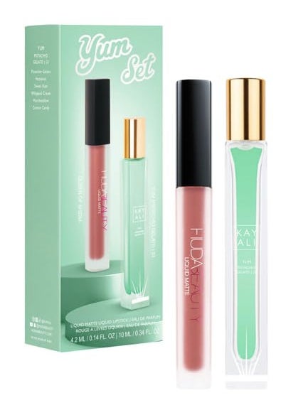 Huda - Huda Beauty Kayali Yum Gift Set  Pistachio Gelato  33 Eau De Parfum Travel Size Spray 034 fl oz  10 ml and Matte Liquid Lipstick in Shade Queen of Sheba 014 fl oz  42 ml - Image 1