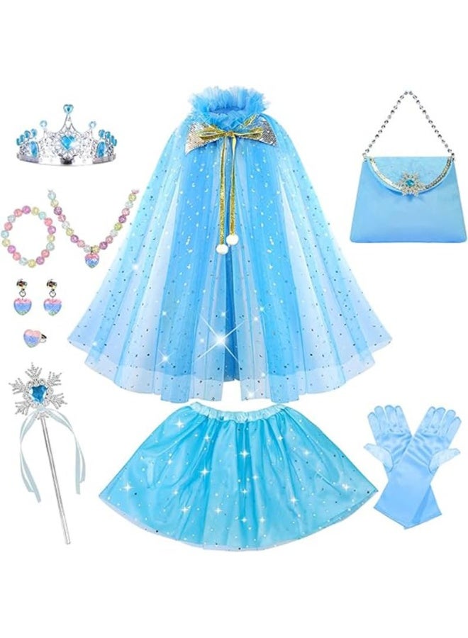 OSHIMA Princess Cape Kit, 11 Pcs Princess Dress Up Clothes, Princess Costume for Girl 3-8 Birthday Gift, Dress Up Cloak Clothes for Cosplay or Party (Blue) - Image 1