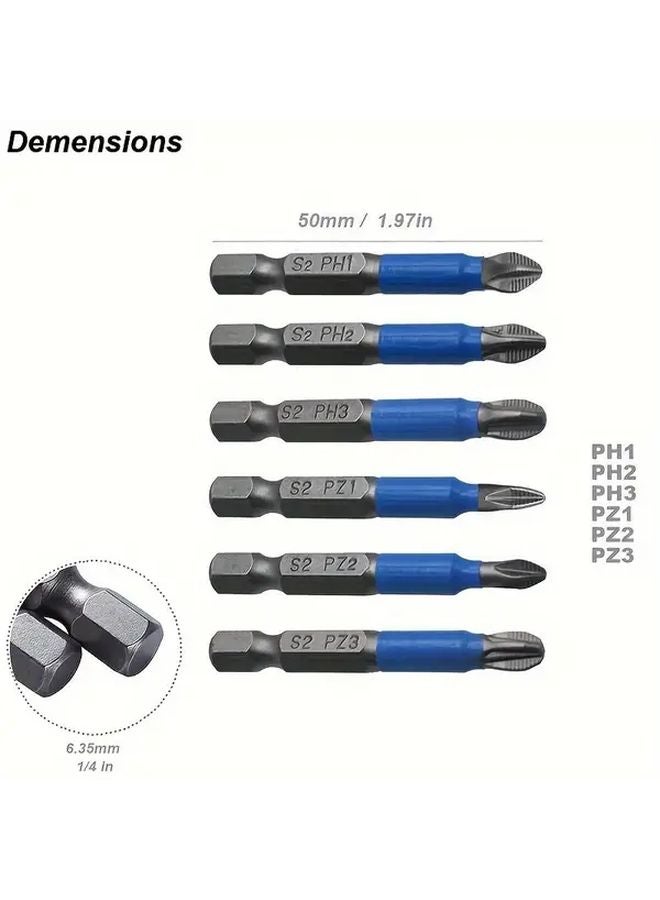 6 قطع رؤوس مفك براغي مغناطيسية مقاس 1/4 بوصة مضادة للانزلاق: PH1، PH2، PH3، PZ1، PZ2، PZ3 - Image 4