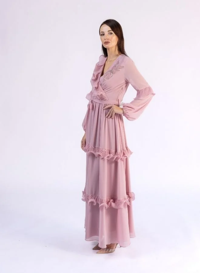 Fashonara Ruffled Peach Modest Dress with Crystal Flower Detail