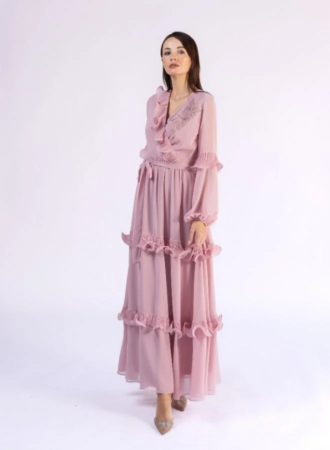 Fashonara Ruffled Peach Modest Dress with Crystal Flower Detail
