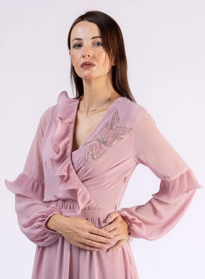 Fashonara Ruffled Peach Modest Dress with Crystal Flower Detail
