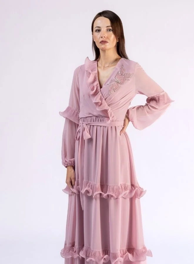 Fashonara Ruffled Peach Modest Dress with Crystal Flower Detail