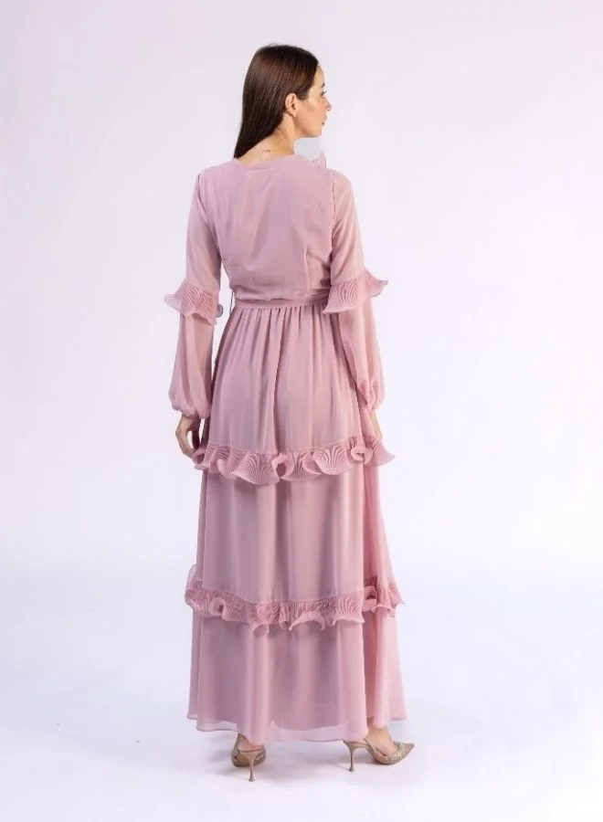 Fashonara Ruffled Peach Modest Dress with Crystal Flower Detail